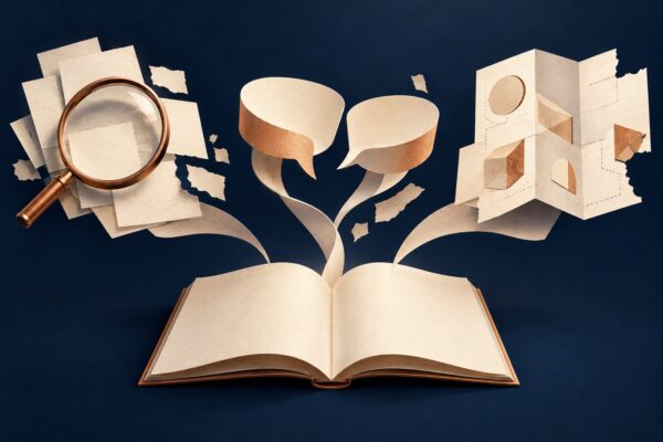 Concept illustration of one open book leading to three incomplete paper forms representing an investigation, an interview and a technical explanation.