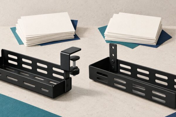 Conceptual illustration of equally prominent clamp-mounted and screw-mounted cable trays beside shuffled blank catalog cards. Neither tray is shown as the preferred choice.