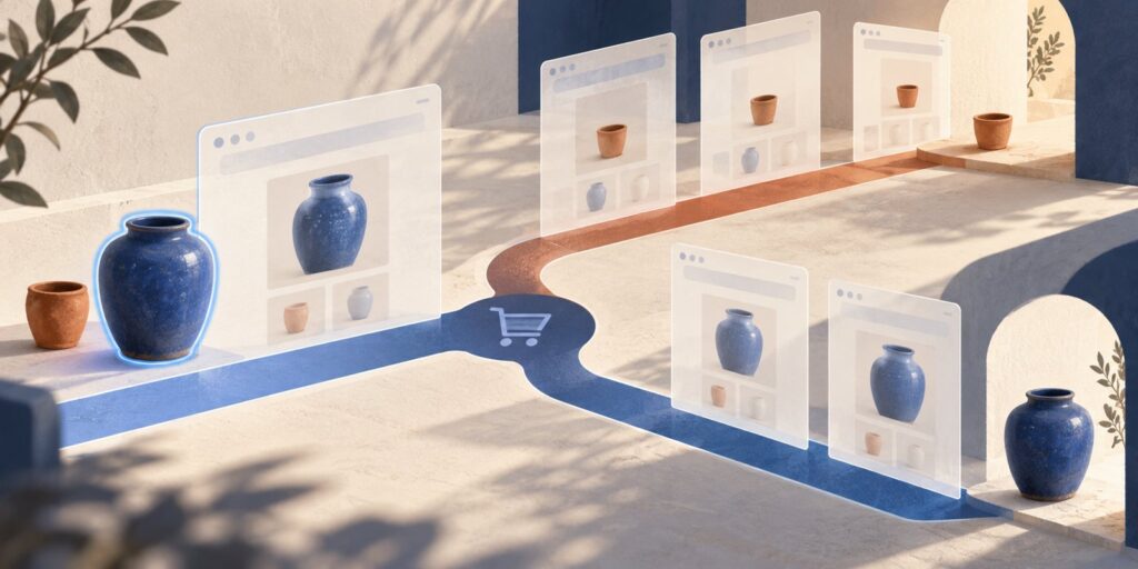 Concept illustration of a selected large pot becoming a small pot at a cart junction while the surrounding page panes remain intact; a second route preserves the large pot.