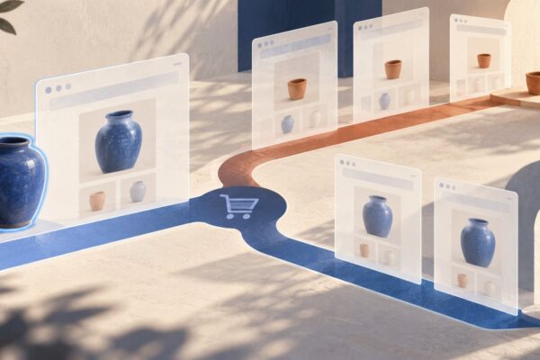 Concept illustration of a selected large pot becoming a small pot at a cart junction while the surrounding page panes remain intact; a second route preserves the large pot.