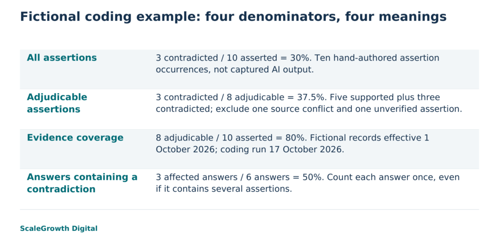 Fictional coding demonstration: compare assertions with dated, applicable records and keep source conflicts visible. These figures describe hand-authored test inputs, not measured AI performance.