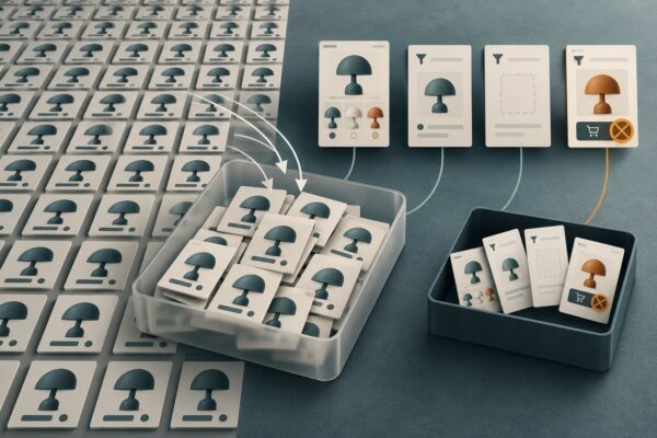 Conceptual illustration of repeated product-page tiles filling one sample while another includes variant selection, listing outcomes and a cart with a closed stock gate.
