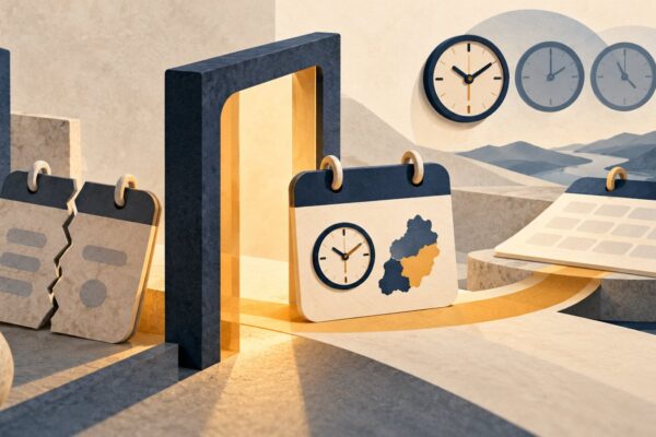 Conceptual calendar tiles and clock forms at a validation gate, showing an ambiguous appointment waiting while a clarified request proceeds.