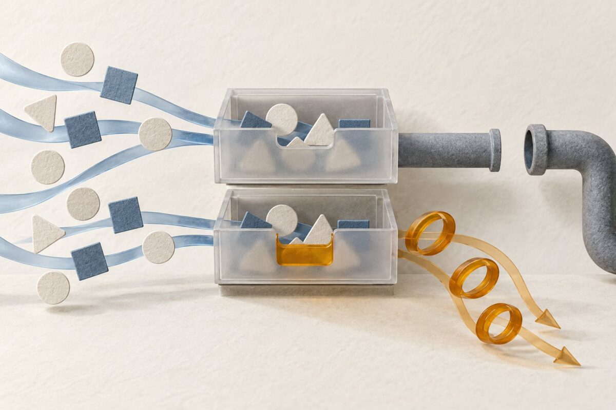 Conceptual catalog drawers with one changed boundary diverting refund tokens, while a disconnected service conduit remains unchanged.