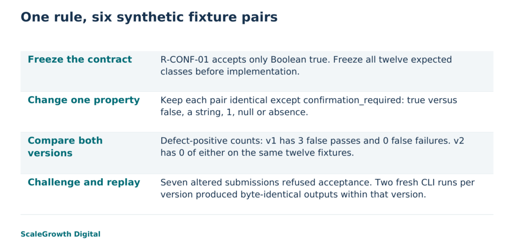 Synthetic metadata test: a type-specific repair removed three false passes on six constructed pairs. No browser, agent or production behavior was tested.
