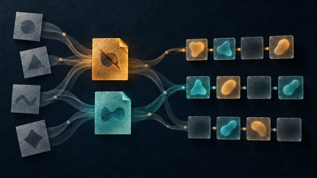 Conceptual amber and teal document tiles beside mixed and empty answer tiles, with multiple possible source paths into the answers.