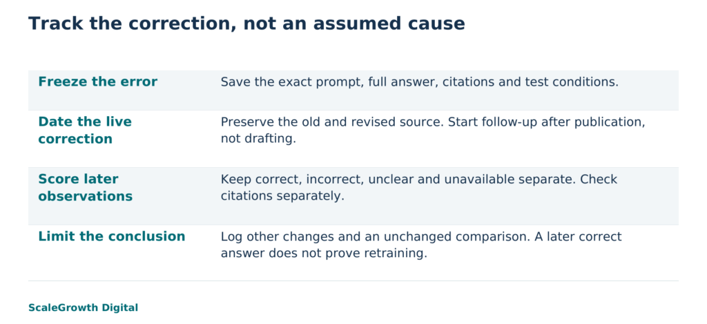 Conceptual illustration and proposed correction-tracking method. A revised source and a later correct answer are separate evidence; no measured outcome is depicted.