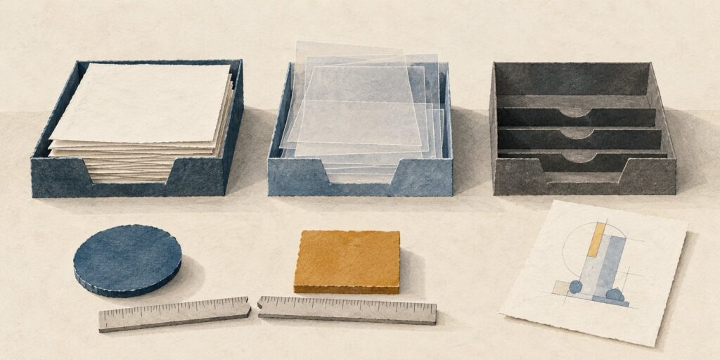 Conceptual document trays distinguish retained evidence, proposed work and missing records; a split ruler represents an invalid comparison.