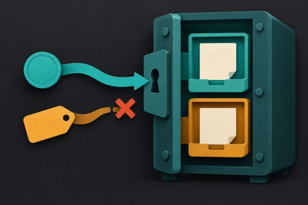 Concept illustration of a session token reaching its matching account compartment through a server-side gate while a mismatching payload tag is blocked. No real account or deployment is depicted.