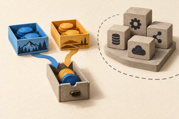 Conceptual regional-price illustration: blue and amber catalog trays share one cache drawer; a blue token is reused for the amber tray while peripheral blocks sit aside.
