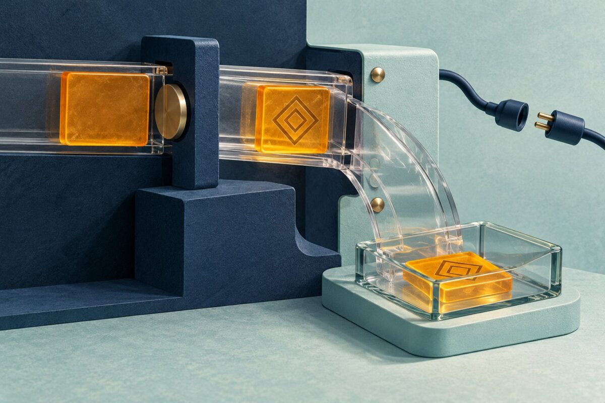 Concept illustration of a visibly artificial record entering an enclosed capture tray, an unmarked tile blocked at an aperture and a disconnected outbound plug.
