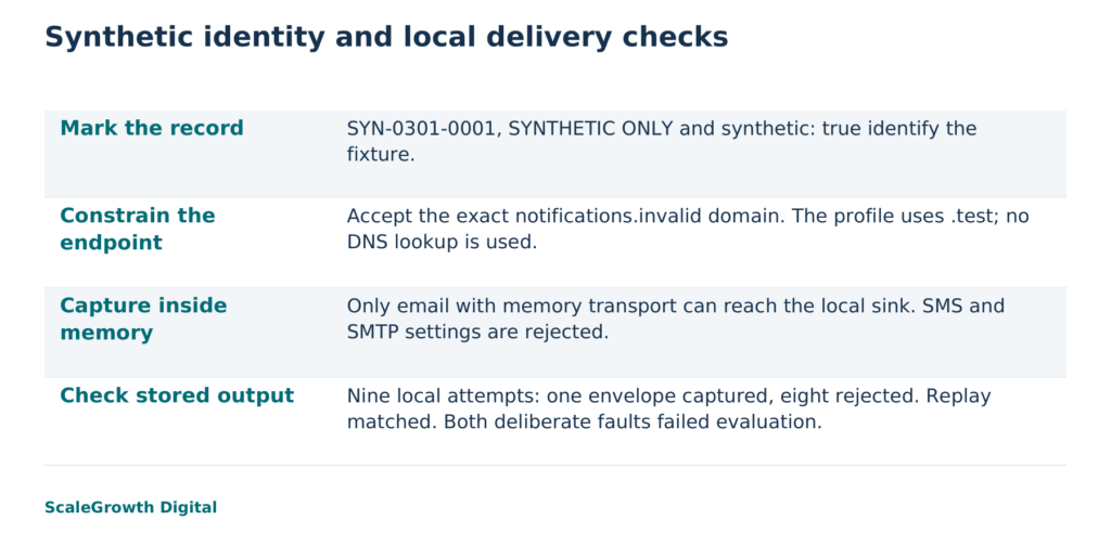 Illustrative mechanism and recorded results from a local Python notification mock. Reserved names identify test endpoints; the memory-only handler controls capture. No customer application or messaging provider was tested.
