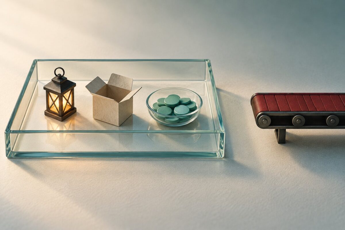 Concept illustration of a toy lantern and parcel contained in a transparent tray, separated from an outside conveyor by a gap. It represents a synthetic purchase with no delivery connection.