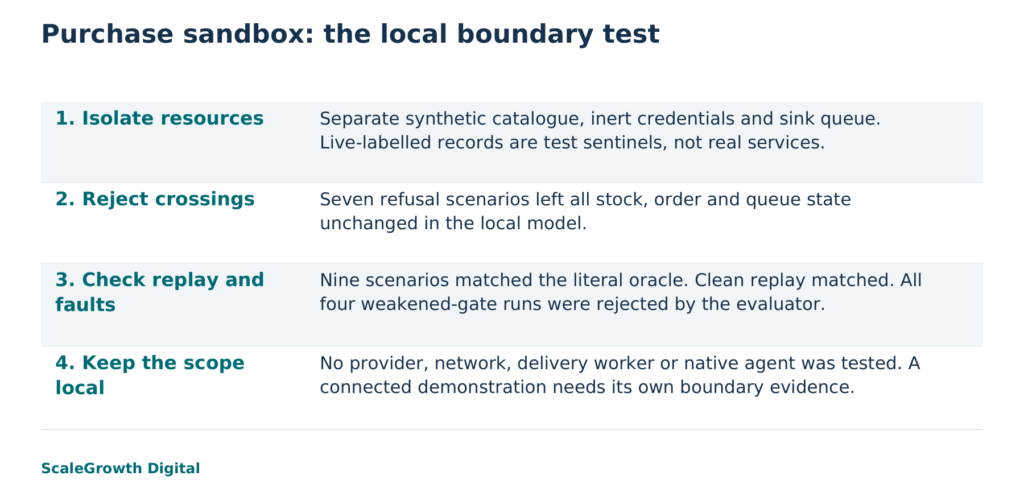 Illustrative containment concept and results from purchase-boundary-0250-v1, a local synthetic model run on 18 October 2026. These are not production or native agent results.