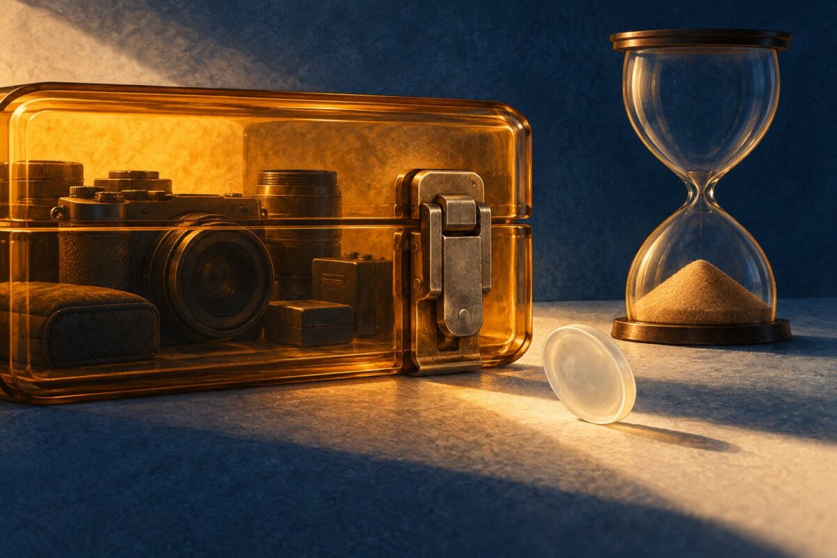 Concept illustration of a camera kit behind a closed latch, an empty hourglass and an approval token arriving after expiry.