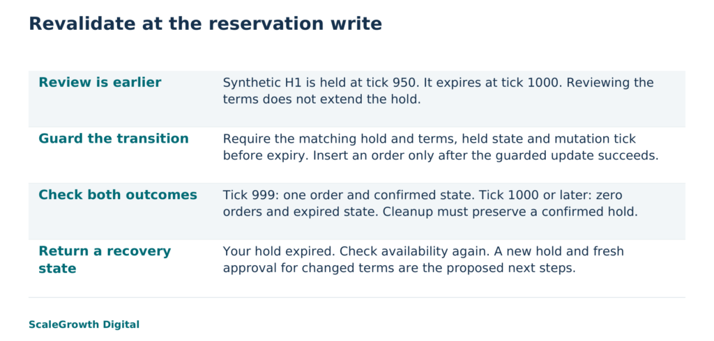 Synthetic reservation-expiry example. The local fixture tested state, order count and response strings. The new-hold recovery journey is proposed, not executed; the concept illustration is not a real transaction record.