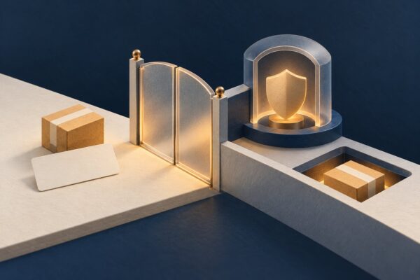 Conceptual parcel and address card held before a closed gate, with a separate authentication chamber and a completion slot beyond it. No real system is depicted.