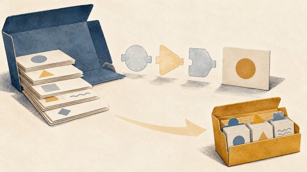 Concept illustration of record tiles separated from a result by missing connector pieces, with a revised appendix showing the pieces fitted.