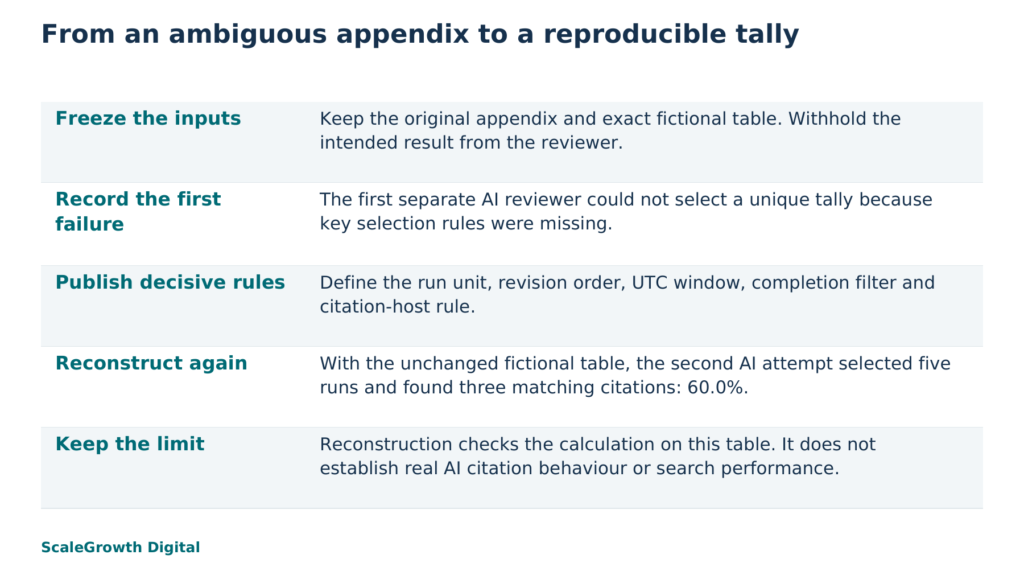 Illustrative mechanism: omitted selection rules interrupt reconstruction; a revised appendix makes the calculation checkable. The local exercise used fictional records and separate AI review.