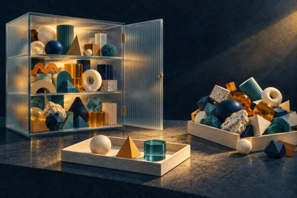 Conceptual illustration of a small selection tray receiving task-relevant objects while unrelated objects remain in storage.