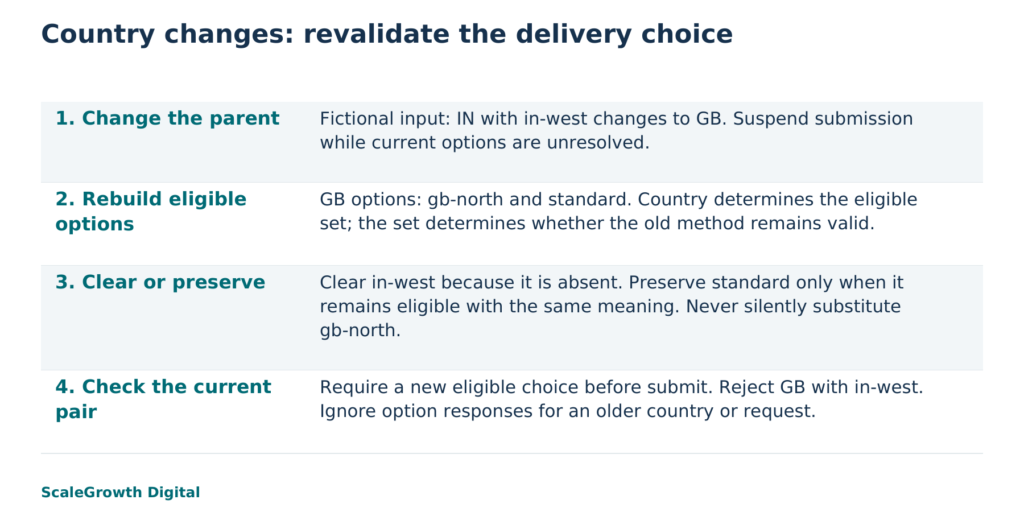 Fictional dependency: country to eligible options to selected delivery method to submit validation. A local deterministic fixture reproduced stale retention, conditional clearing and response-order controls; it did not test a native browser or agent.