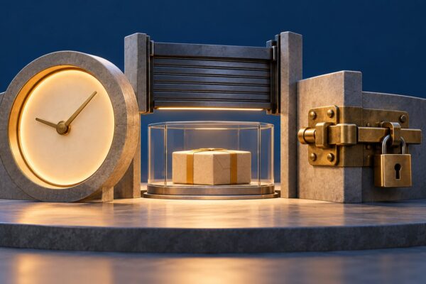 Conceptual parcel enclosure with a clock aperture, fulfilment shutter and commitment latch, representing separate cancellation boundaries.
