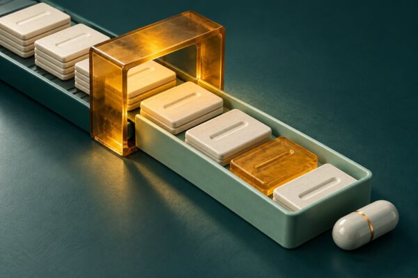 Conceptual tiles pass through an inspection gate while an unresolved tile and sealed capsule remain separate, representing selective form recovery.