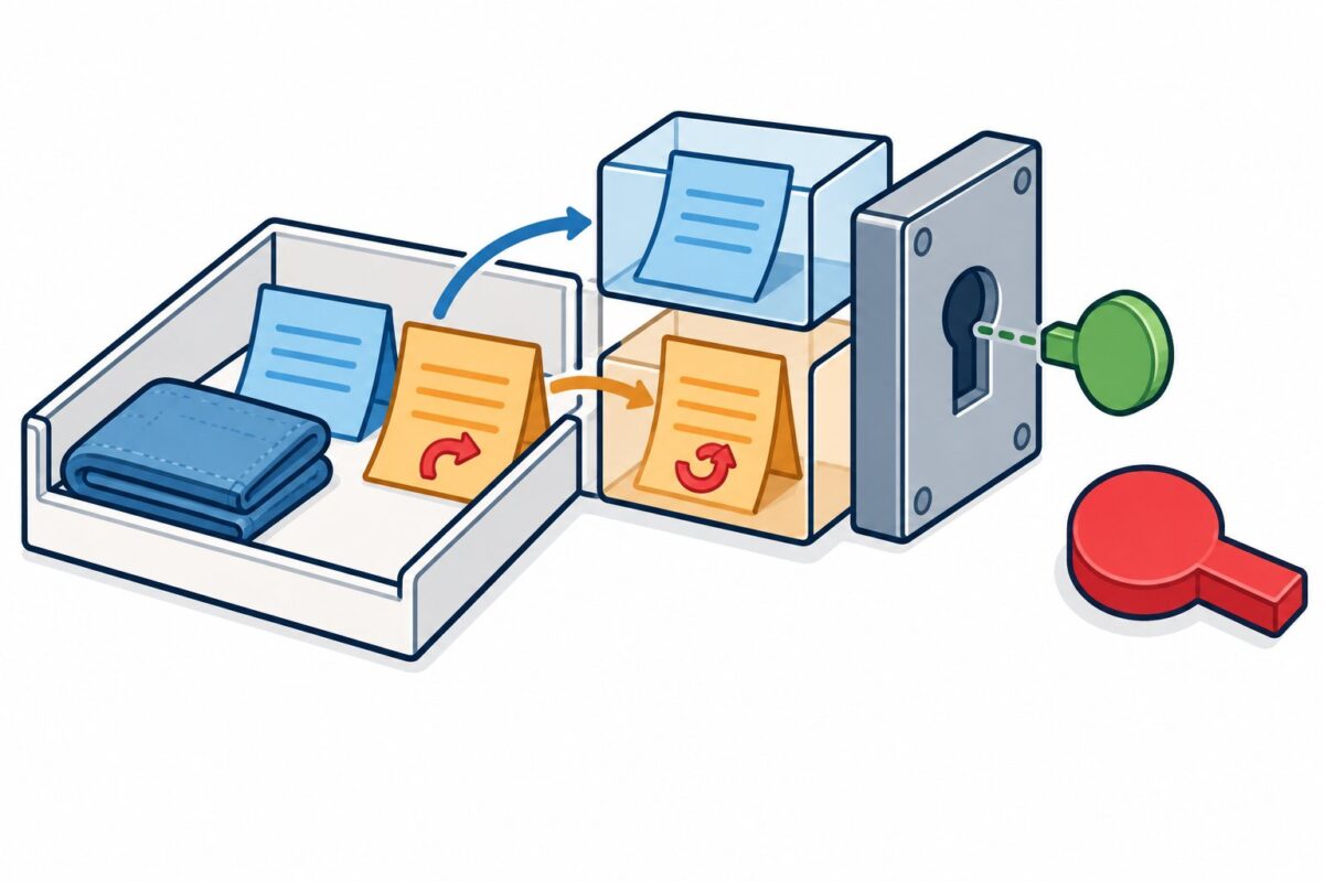 Conceptual product tray with separate supplier and comment slips beside a gate, distinguishing external text from permission to act.