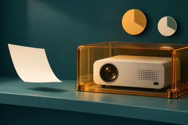 Conceptual illustration contrasting a loose price slip with a secured projector to distinguish a price quote from an inventory hold.