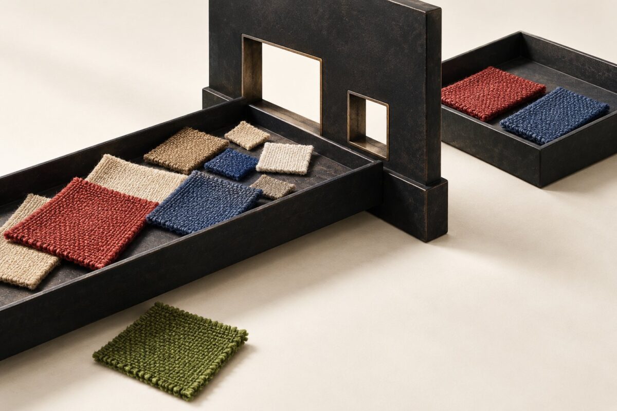Conceptual textile-sorting illustration: red and blue swatches share one tray before passing through a separate size aperture.