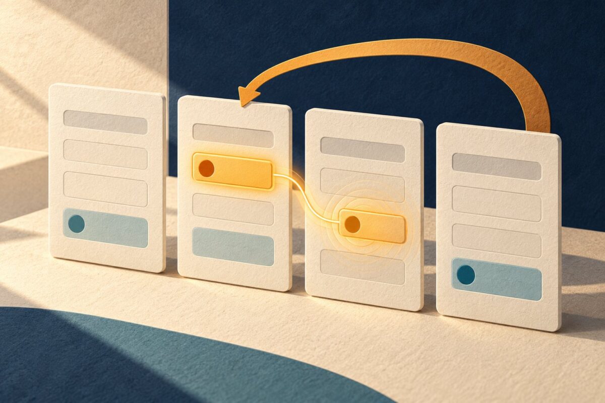 Concept illustration of a return path through blank form panels: a changed selection affects a dependent tile while a separate contact tile remains unchanged.