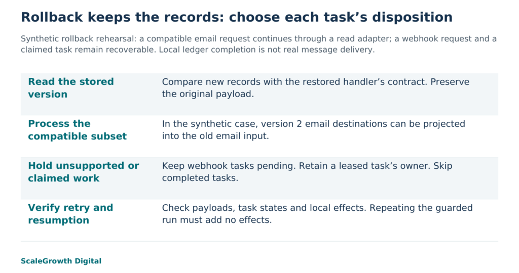 Synthetic rollback rehearsal: a compatible email request continues through a read adapter; a webhook request and a claimed task remain recoverable. Local ledger completion is not real message delivery.