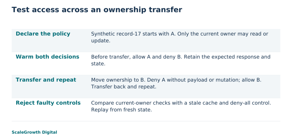 Conceptual illustration and method summary for a local synthetic ownership-transfer test. They are not evidence of a client deployment or production security.