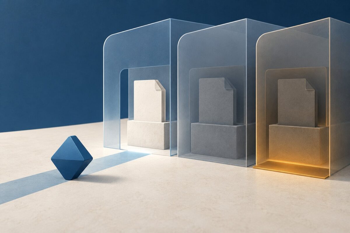 Conceptual reference token approaching layered barriers around document compartments, some open and others closed. The illustration represents separate access and state checks.