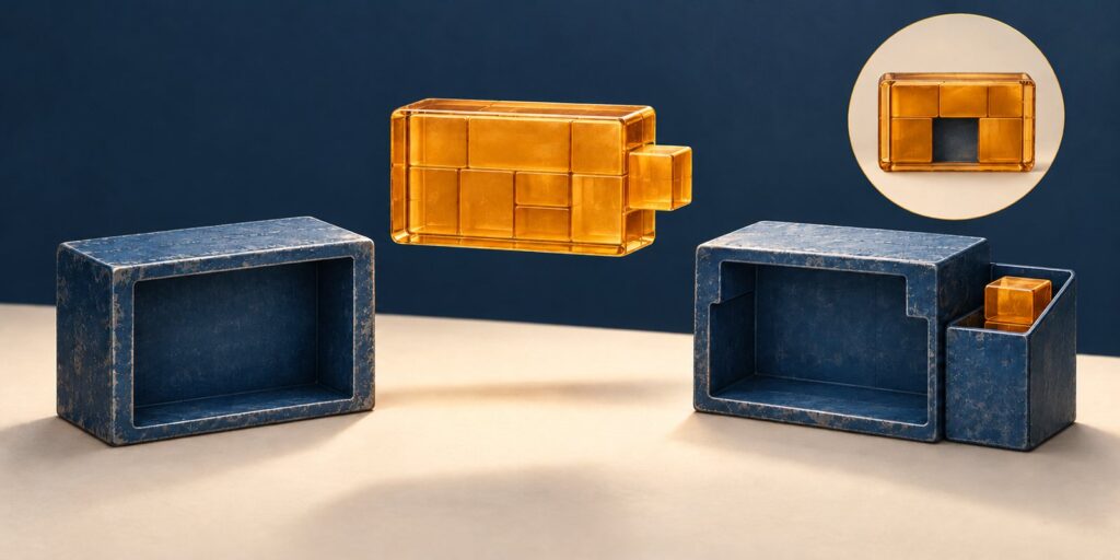 Conceptual illustration of exact-fit and extension-tolerant data receptacles, with an unchanged container missing an internal tile.