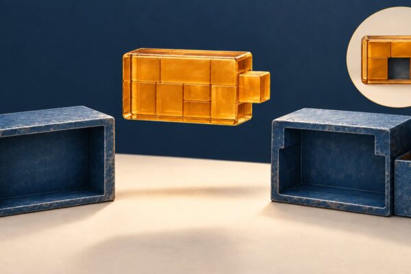 Conceptual illustration of exact-fit and extension-tolerant data receptacles, with an unchanged container missing an internal tile.