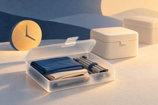 Concept illustration of a saved canopy-kit selection in an unsealed tray beside closed and fading containers, with an abstract clock indicating a limited lifetime.