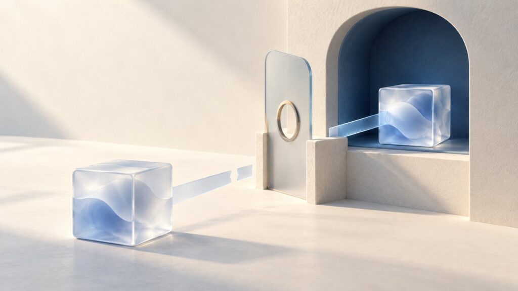 Conceptual upload parcels with an interrupted return ribbon and an object inside storage, illustrating that missing confirmation need not mean nothing was stored.