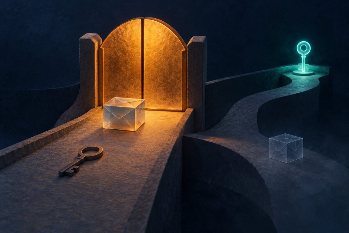 Concept illustration of a preserved draft before a closed gate, an extinguished key light and a fresh key on a return path, with changed draft context on a separate branch.