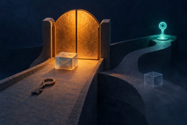 Concept illustration of a preserved draft before a closed gate, an extinguished key light and a fresh key on a return path, with changed draft context on a separate branch.
