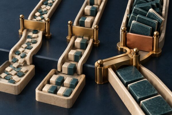 Conceptual separate gates for catalogue reads, state changes and exports, with an additional shared gate for exports.