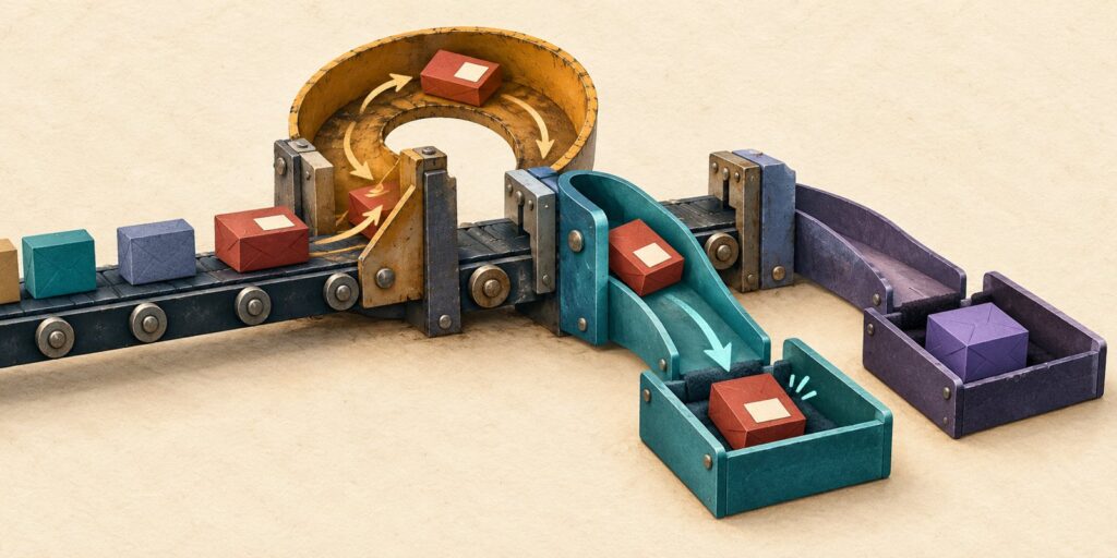 Concept illustration of an invalid address tile looping through a retry chute, then being diverted to a correction tray by a revised routing gate; an unfamiliar tile waits in a holding tray.