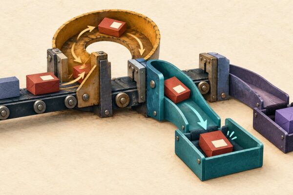 Concept illustration of an invalid address tile looping through a retry chute, then being diverted to a correction tray by a revised routing gate; an unfamiliar tile waits in a holding tray.