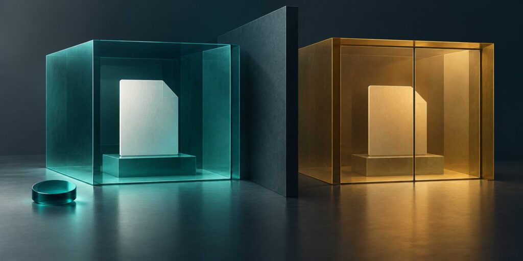 Conceptual illustration of two separate archive chambers, with an access token beside one chamber and a report retained behind the other chamber's partition.