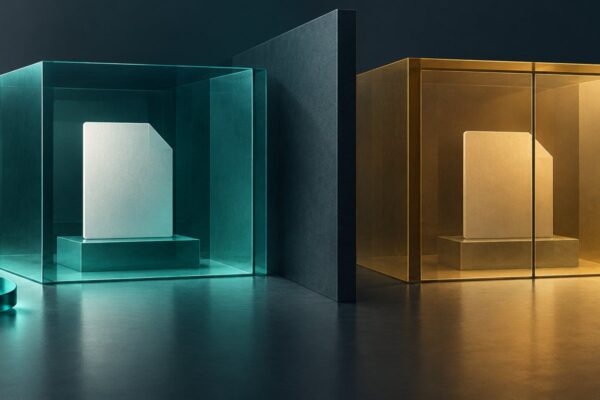 Conceptual illustration of two separate archive chambers, with an access token beside one chamber and a report retained behind the other chamber's partition.