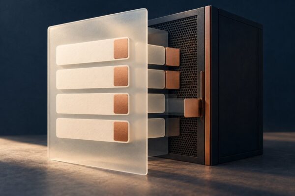 Concept illustration of a visible form review, concealed data tiles and a server gate blocking a displaced tile.
